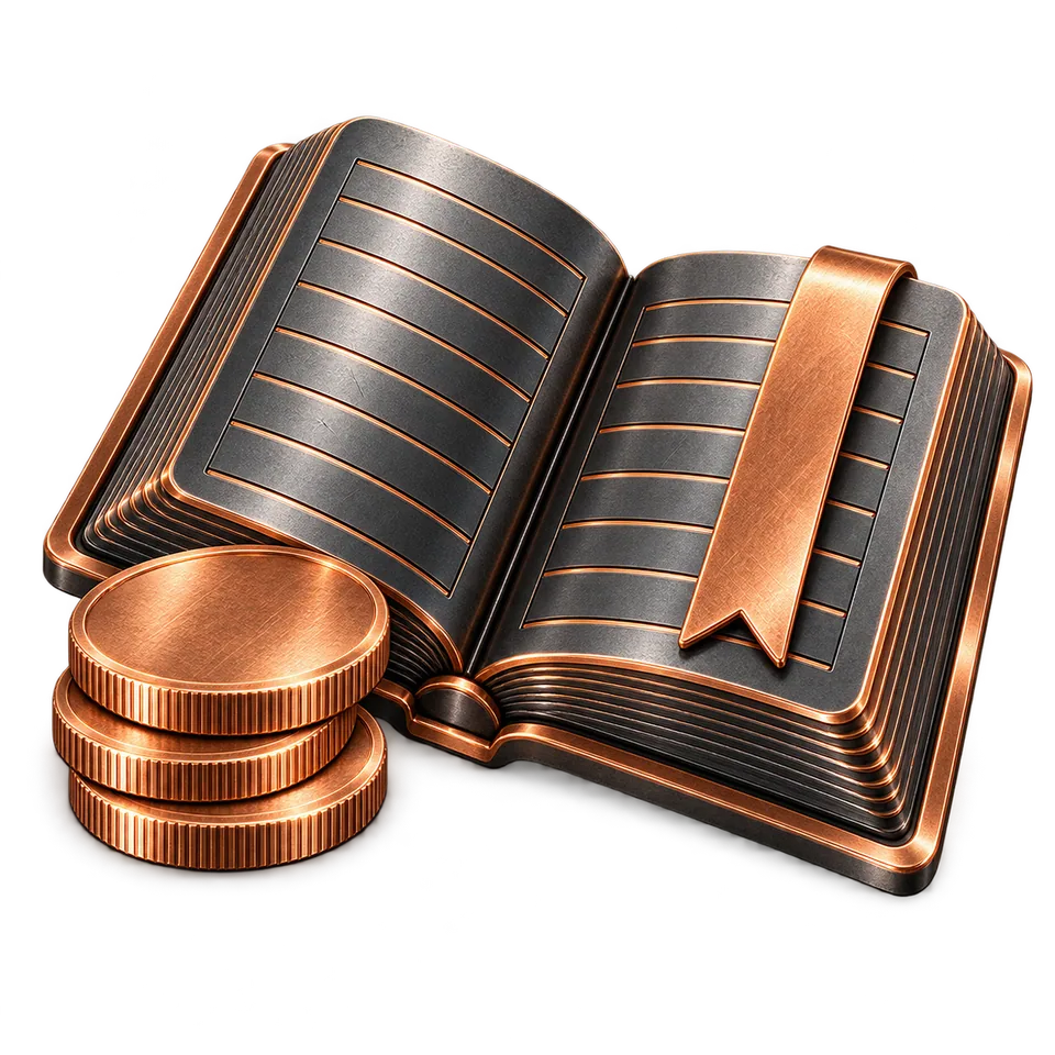 Open graphite ledger book with copper lines, bookmark, and stacked copper coins