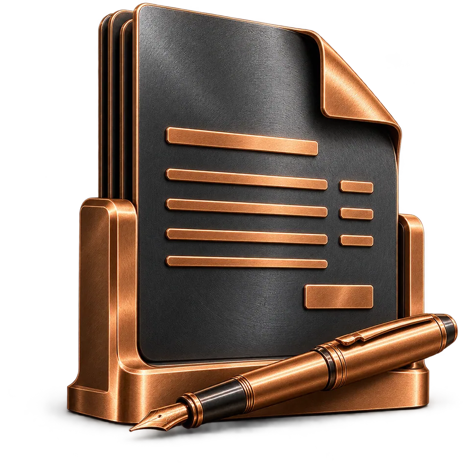 Machined graphite invoice folio with copper frame and fountain pen