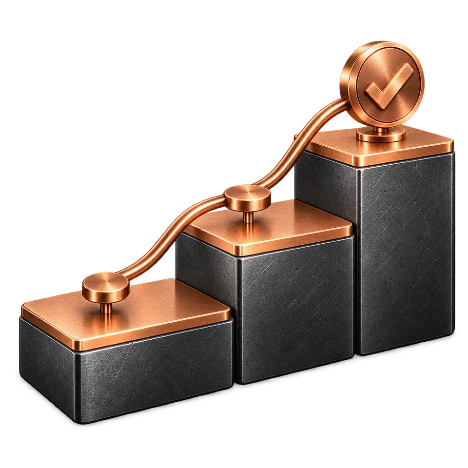 Three ascending graphite billing milestone platforms with copper tops and check seal