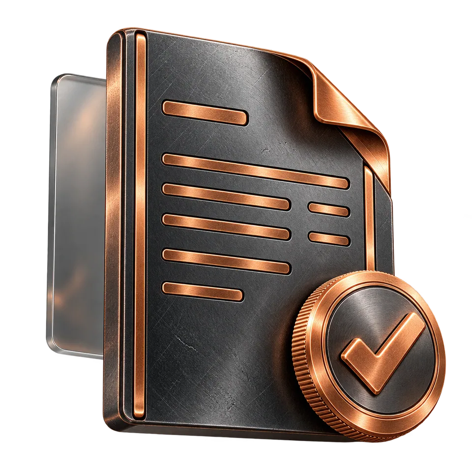 Machined iron invoice sculpture with a copper approval seal