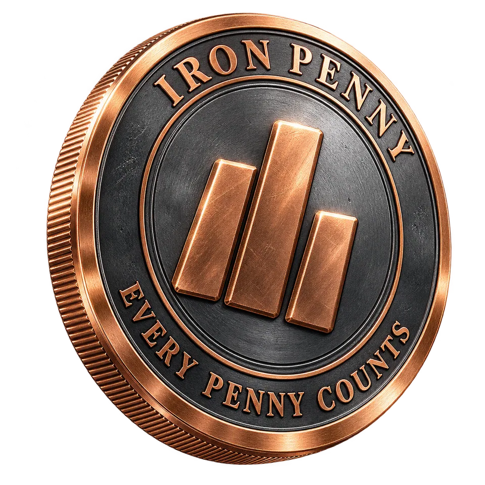 Iron Penny coin with a dark iron face, copper rim, and embossed brand mark