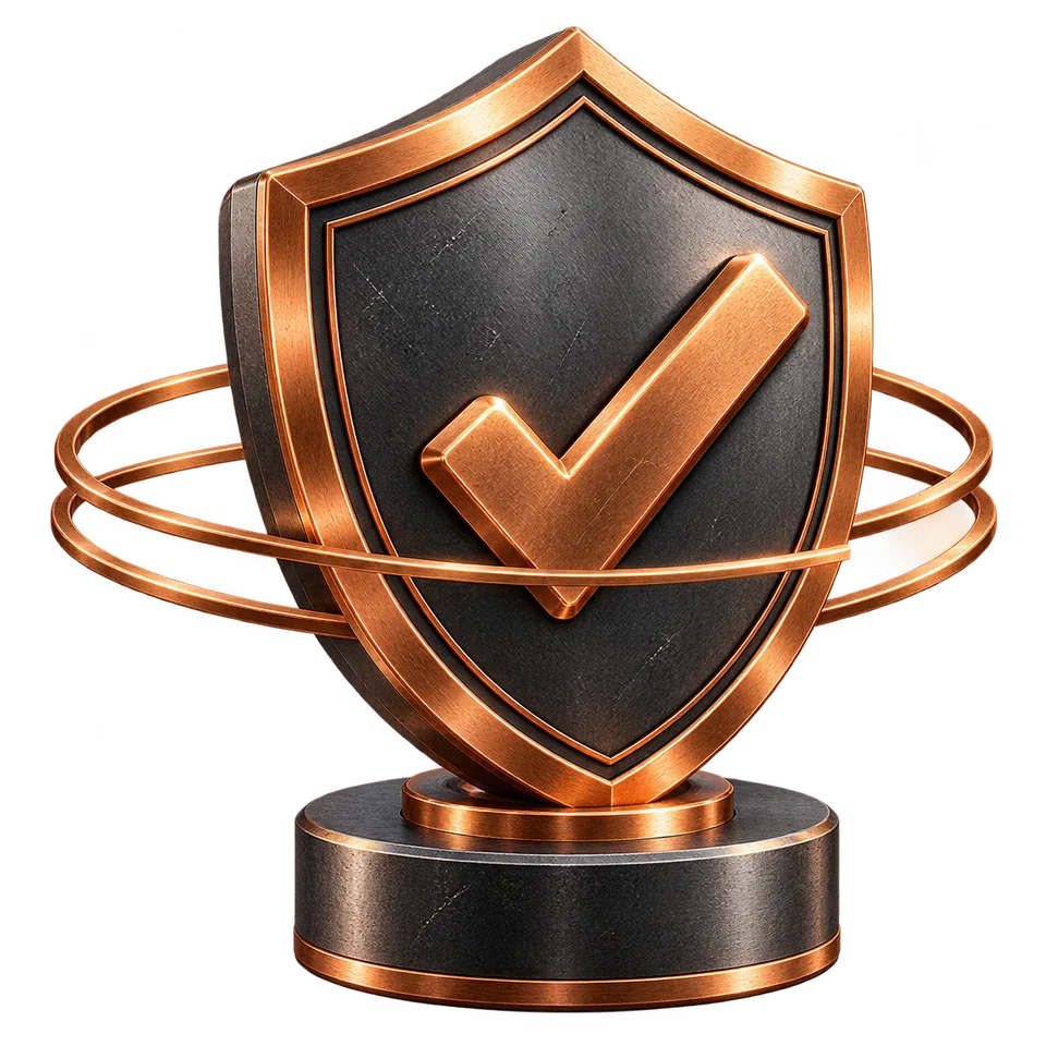 Dark iron shield with a milled copper perimeter and raised copper check mark