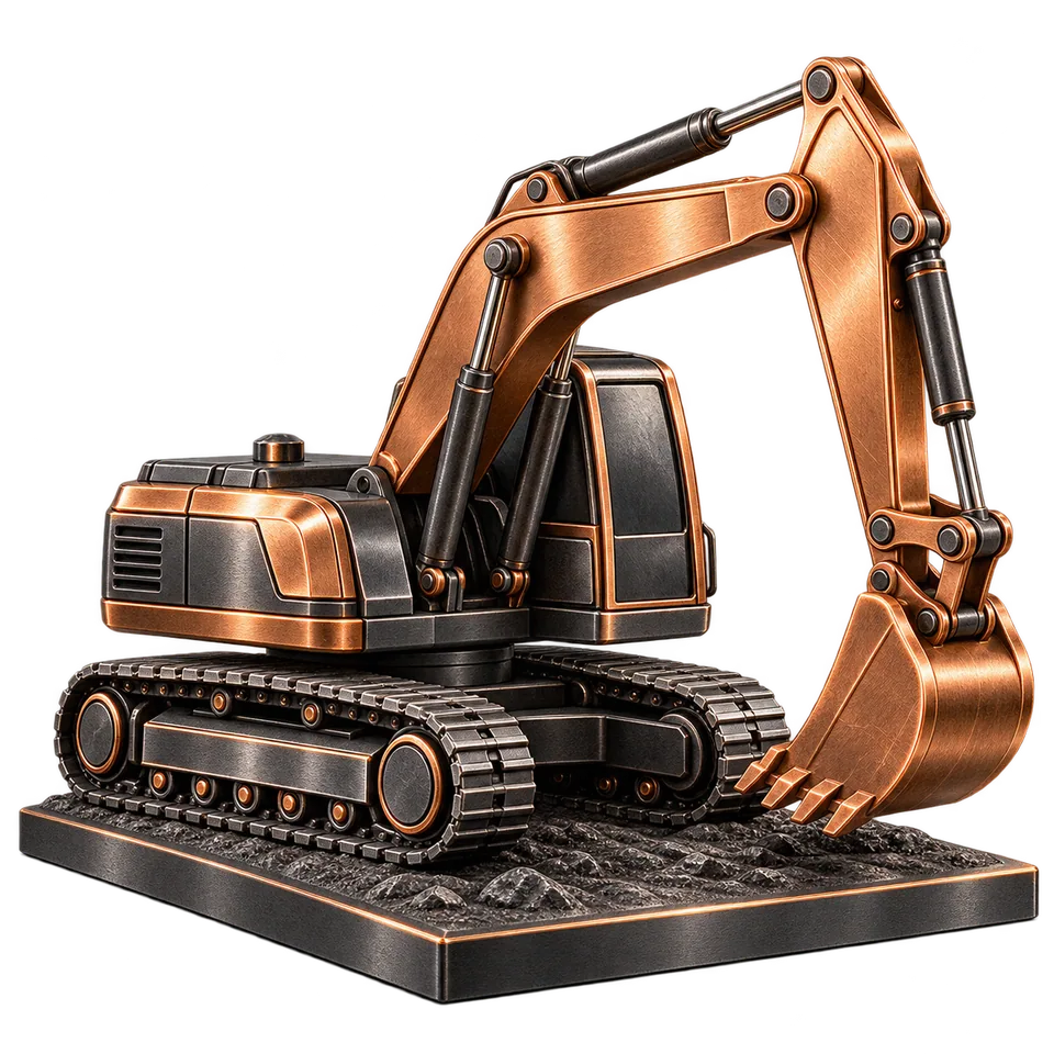 Precision graphite tracked excavator with copper articulated boom and bucket