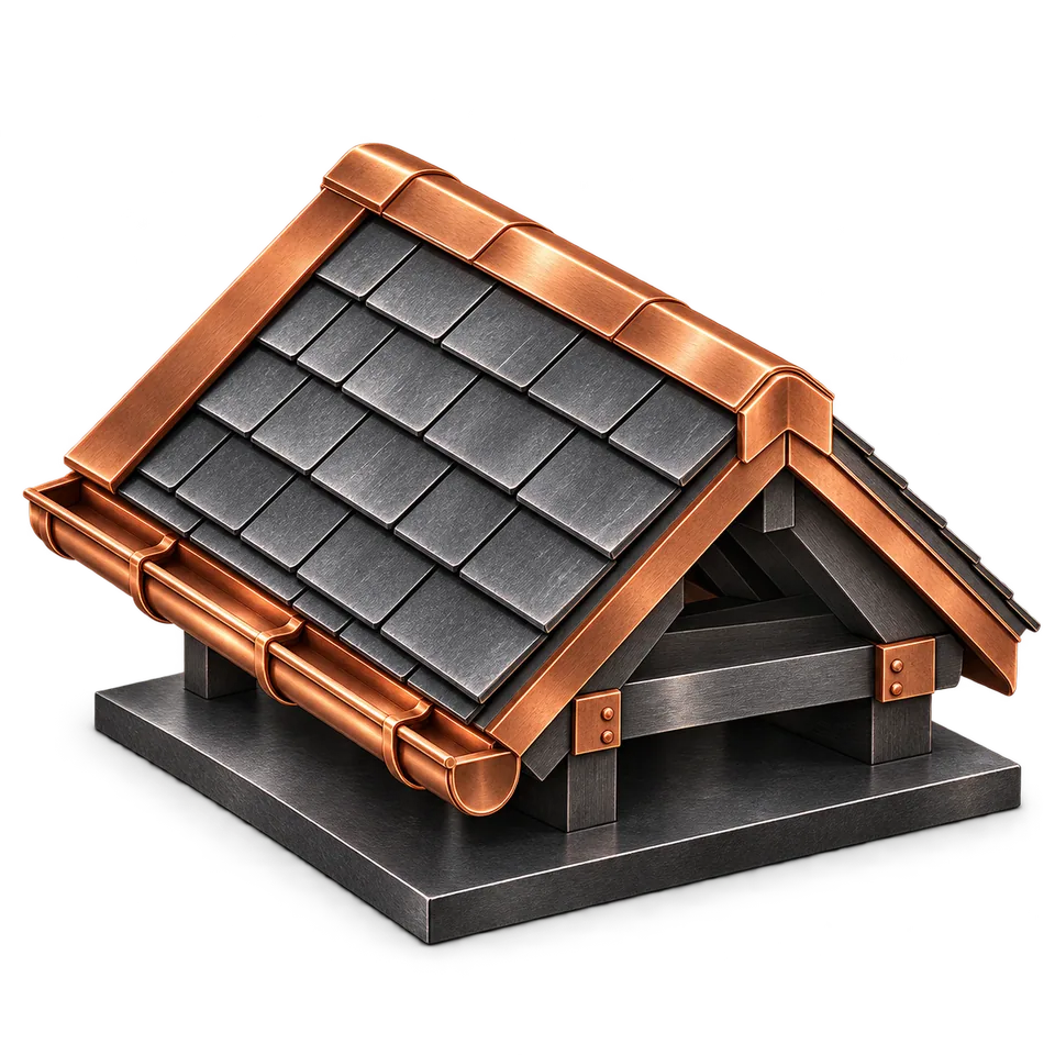 Architectural iron shingle roof with brushed copper ridge and gutter