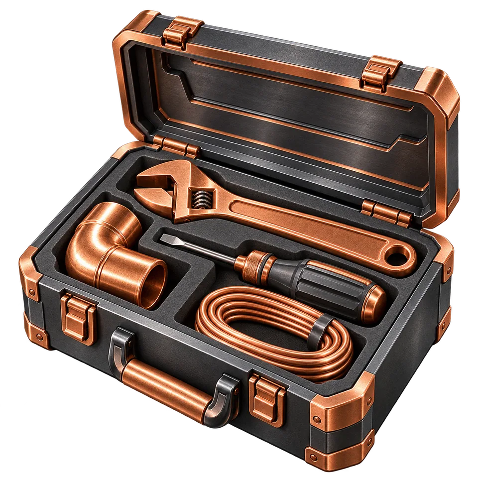Open graphite service toolbox with copper tools and pipe fittings