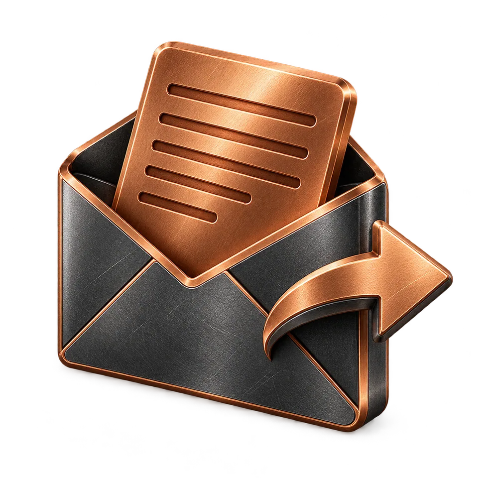 Graphite envelope holding a copper invoice sheet with a curved copper arrow