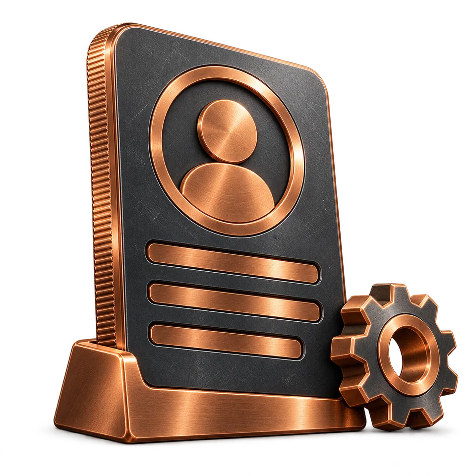 Graphite business profile plaque with copper avatar and setup gear