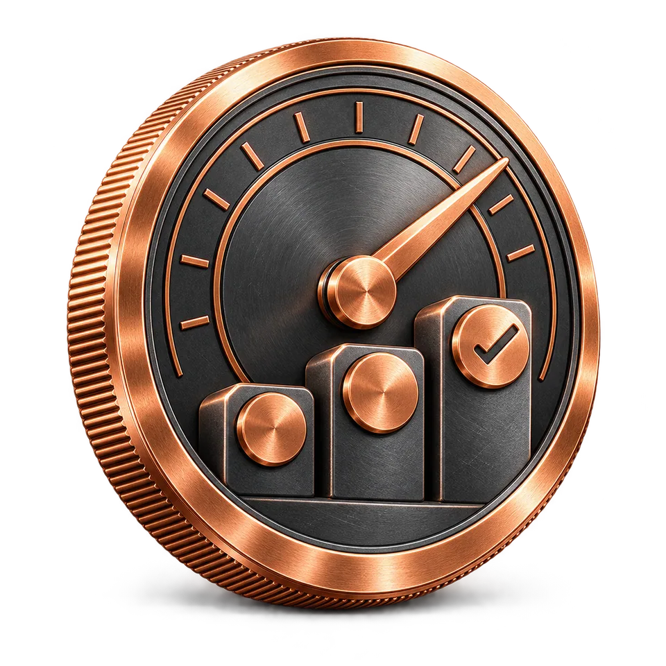 Graphite financial tracking dial with copper needle and completed status markers